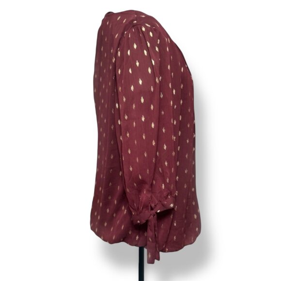 Sara Michelle 3X Burgundy Print Blouse Tie Sleeve Boho Chic Fall Work Casual - Picture 3 of 8